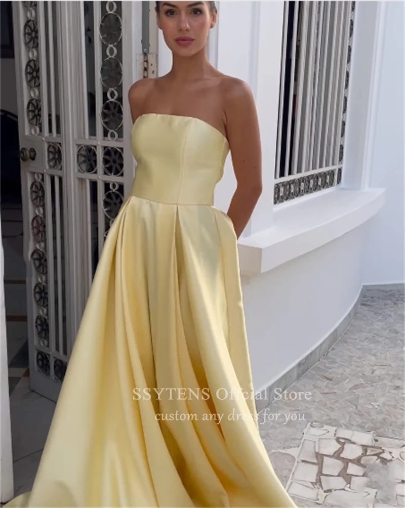 Robe de Soirée Jaune Sans Bretelles, Tenue de Bal de Forme Trapèze, Longueur au Sol, Dubaï, Quelle que soit l'Arabie Saoudite