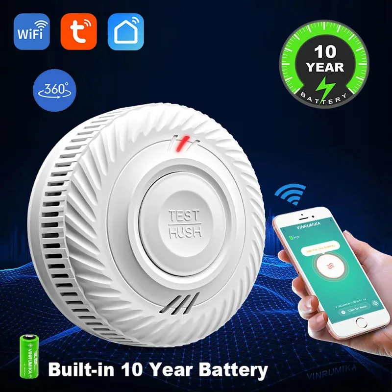 S100B-CR-W Tuya Smart WiFi Smoke Detector Fire Alarm 10-Year Battery Built-in Sound Sensor for Home Kitchen Living Room