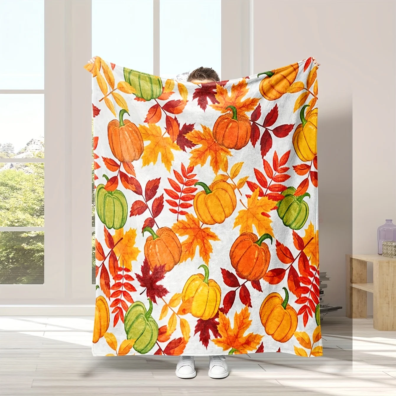 Cozy Autumn Maple & Pumpkin Flannel Throw Blanket - Perfect for, Sofa, Office Naps & Travel | Machine Washable, All-Season Comfo