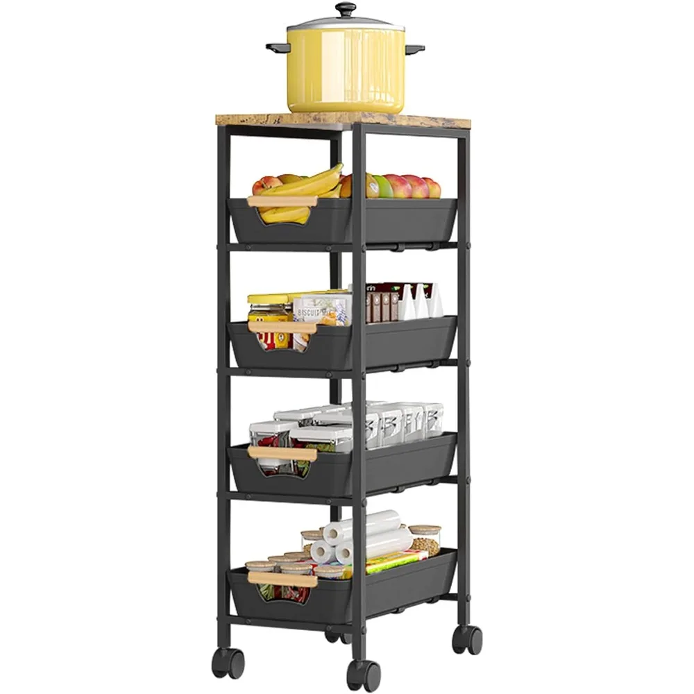 

Aupekro 5-ярусная тележка на колесиках с деревянной столешницей, узкая металлическая кухонная тележка для хранения, универсальная мобильная тележка с полками,