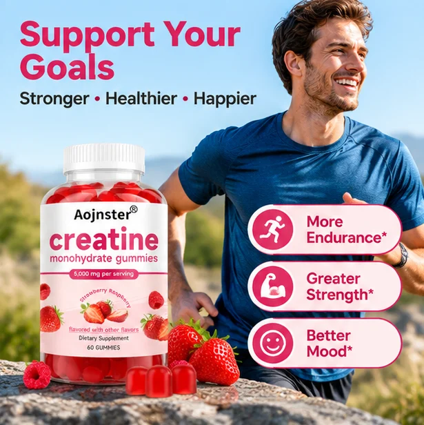 Creatine Monohydrate Gummies Per Serving,60 Count Strawberry Raspberry Flavor Dietary Supplement, Daily Sports Nutrition Support