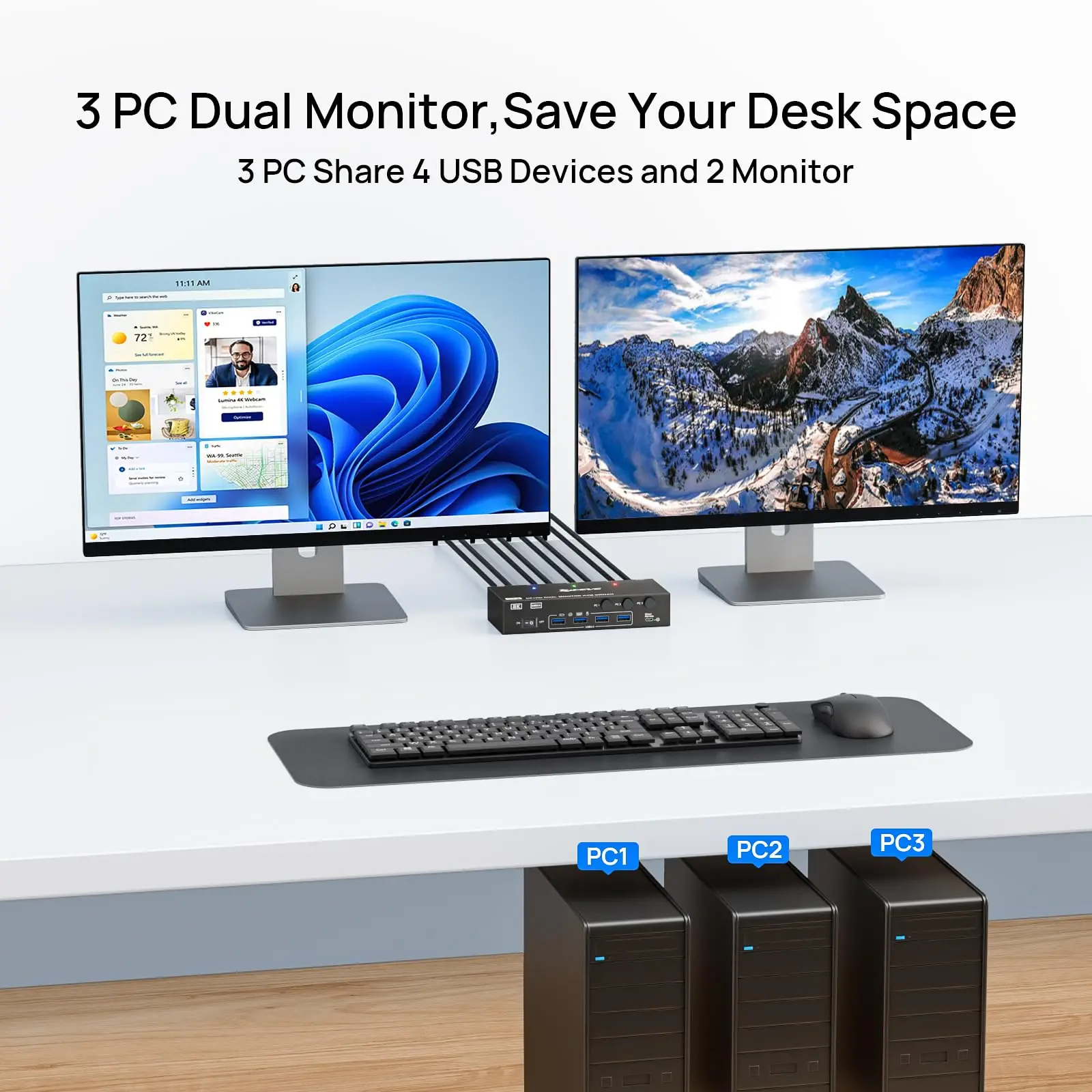 KVM-переключатель HDMI Displayport, 3 ПК, 2 монитора, 4K при 144 Гц, KVM-переключатель с двумя мониторами для 3 компьютеров, доступ к двумя мониторами, 4 порта USB 3.0