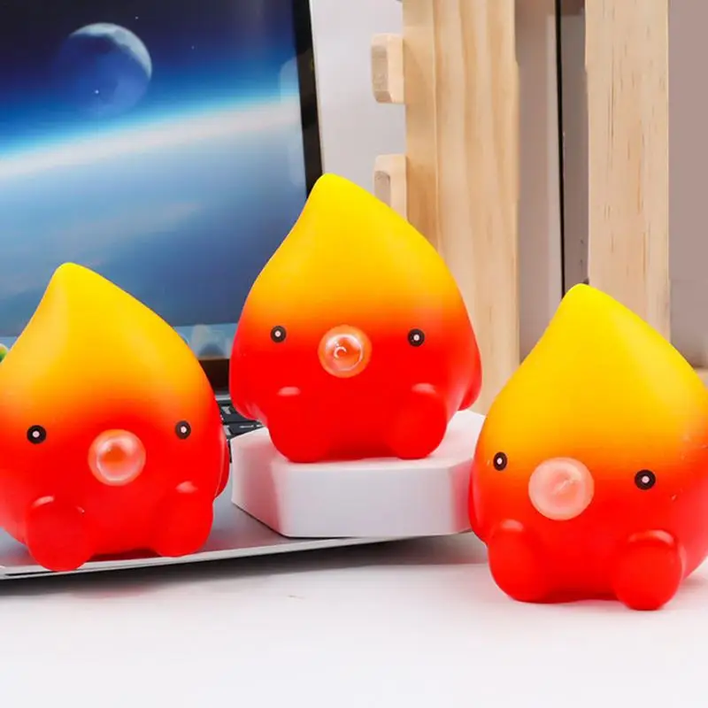 Fire Doll Fidget Toy Pinch Cute Fire Doll Spit Bubble Stress Balls 3.9inch Spit Bubble Small Fire Keychain For Children And