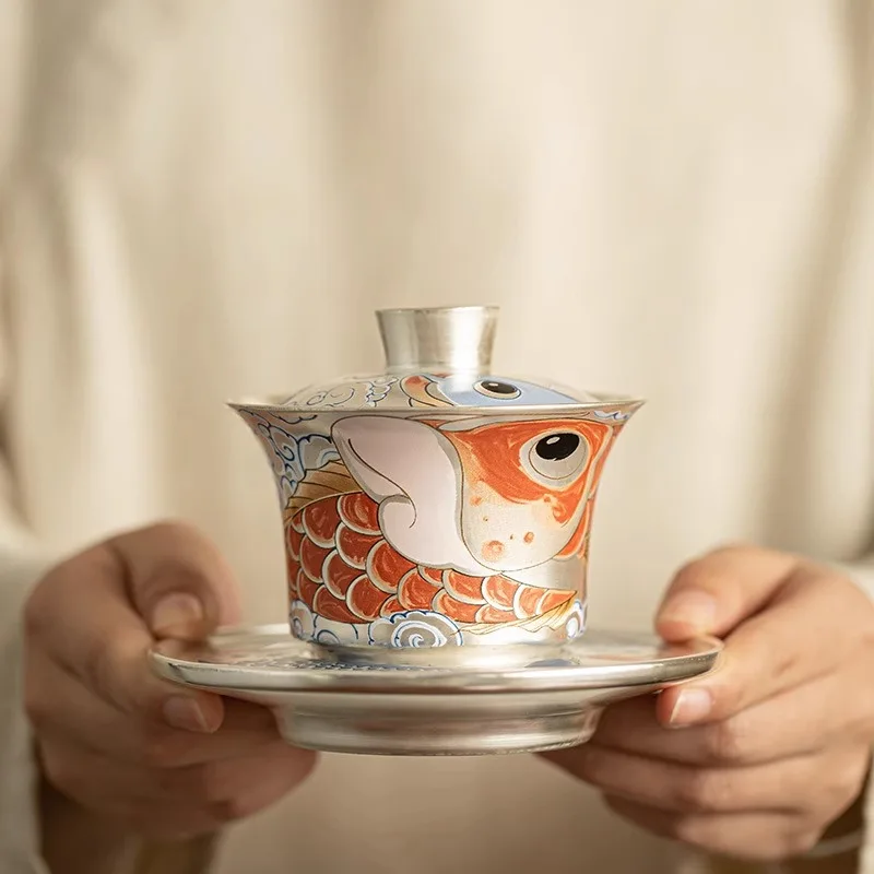 Tea set handmade silver three talents horseshoe covered bowl, Chinese dragon fish respect tea bowl, tea making bowl, tea cup for