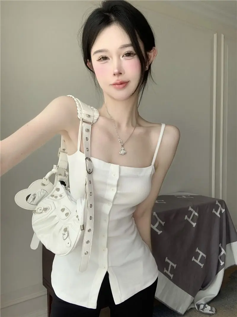French Elegant Pure Camis Women Summer Sexy Spaghetti Straps Square Collar Tops Korean Chic Single Breasted Female Vest
