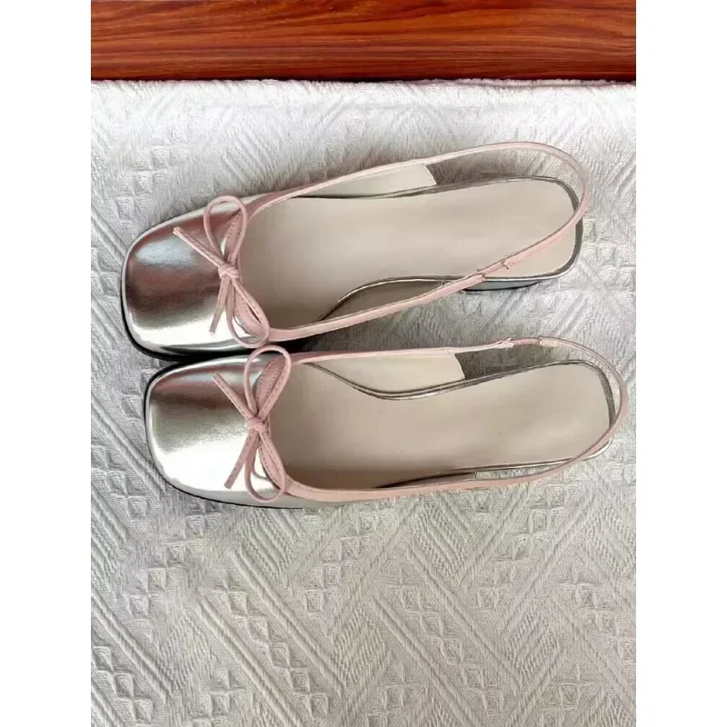 2024 Summer Women's Flats Sliver Boat Shoes Square Toe Slip on Flat Shoes for Woman Ballet Flats Comfortable Bow Women's Sandals