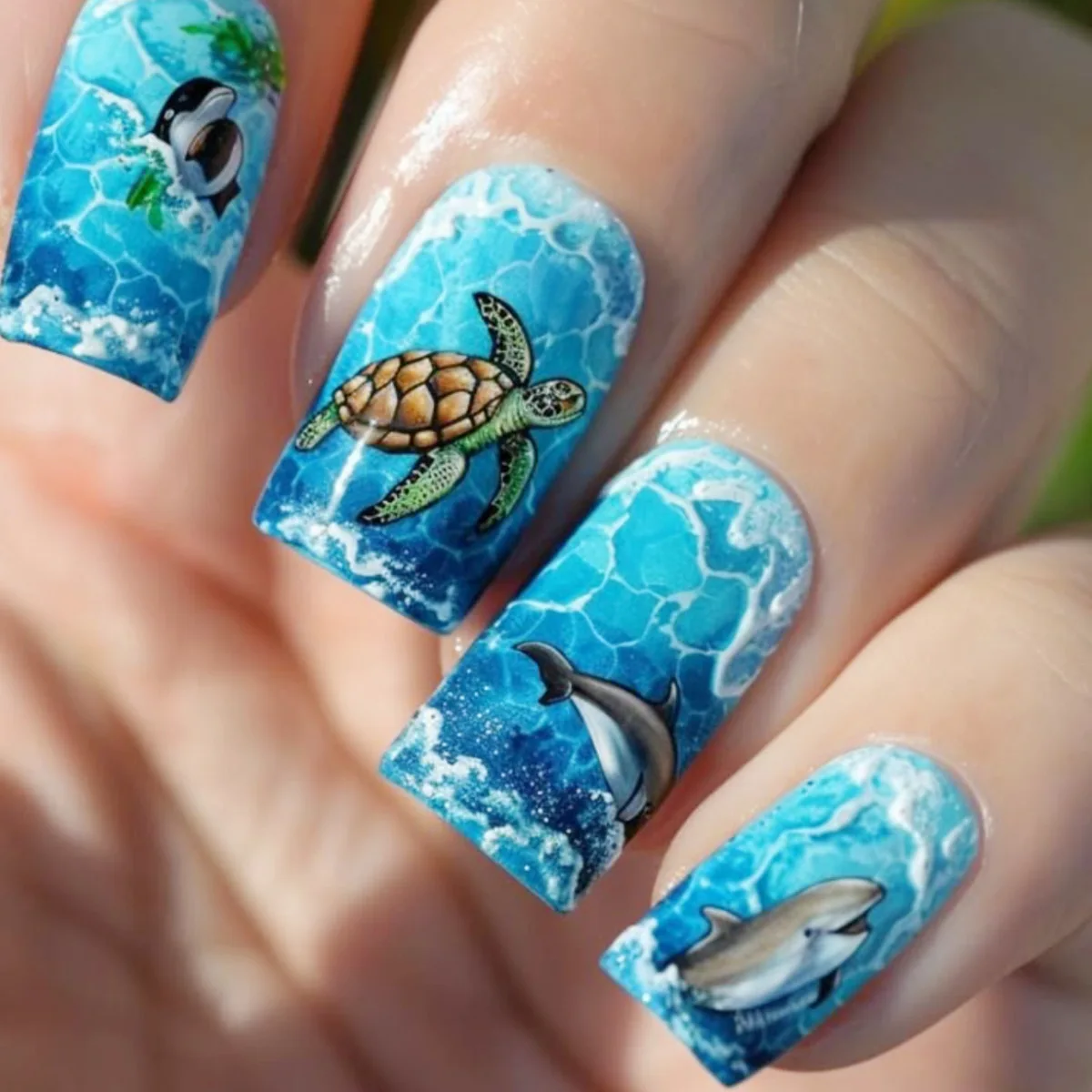 24pcs/set Medium long fake nails for women girls fashion ocean jellyfish turtle cute animals design press on false nail art tips