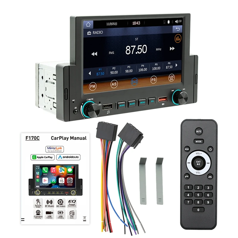 1Din 6.2Inch Screen Carplay Android-Auto Radio Car Stereo Bluetooth MP5 Player 2USB FM Receiver Audio System Head Unit A