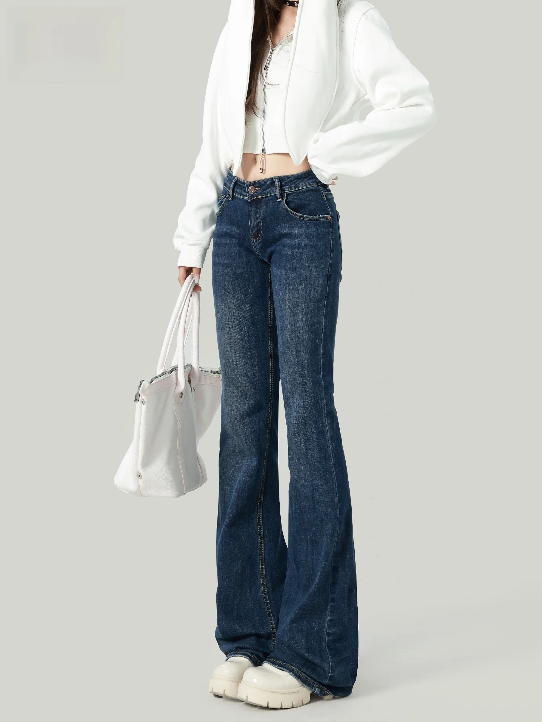 

Американские темно-синие джинсы-клеш с низкой талией для женщин, облегающие, эластичные, повседневные, износостойкие, осенняя новинка