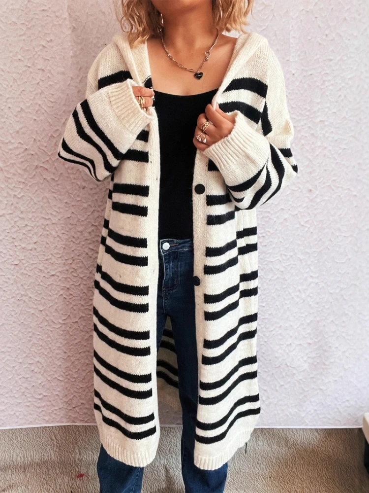 

Fashion Long Cardigan with Hood Contrast Long Sleeve Contrast Color Striped Vintage Knitted Elegant Casual Loose Sweater
