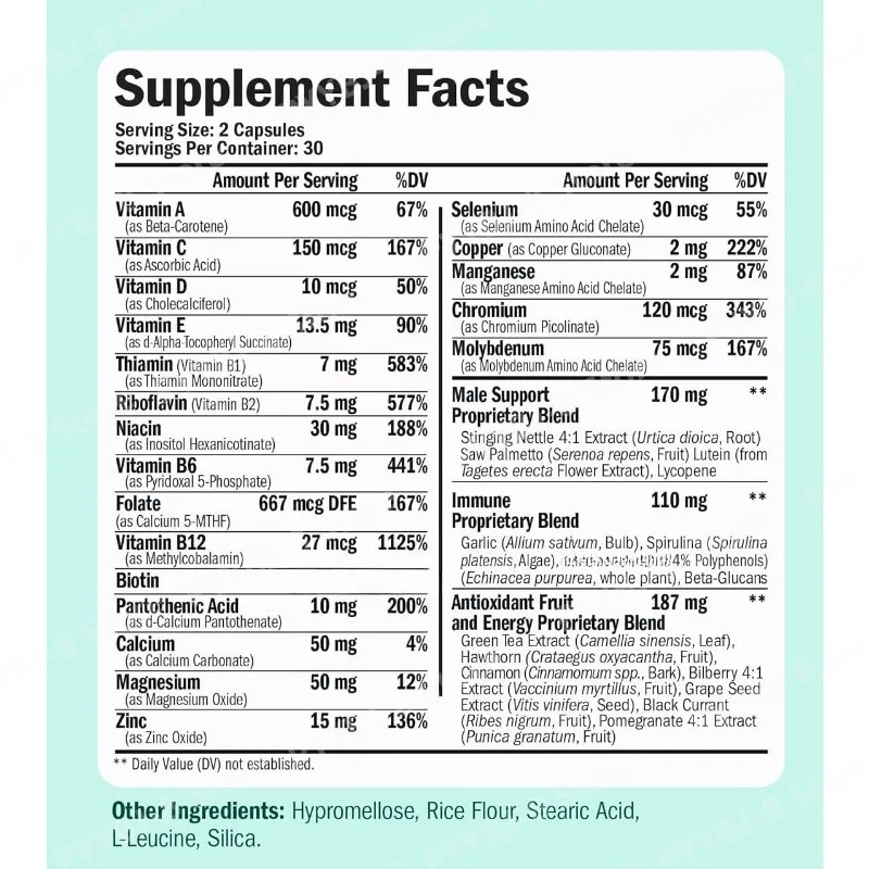 Multivitamin for Men Capsule Immune Health Support Contain Methylated Vitamins and Chelated Minerals Provide Body Energy 60count
