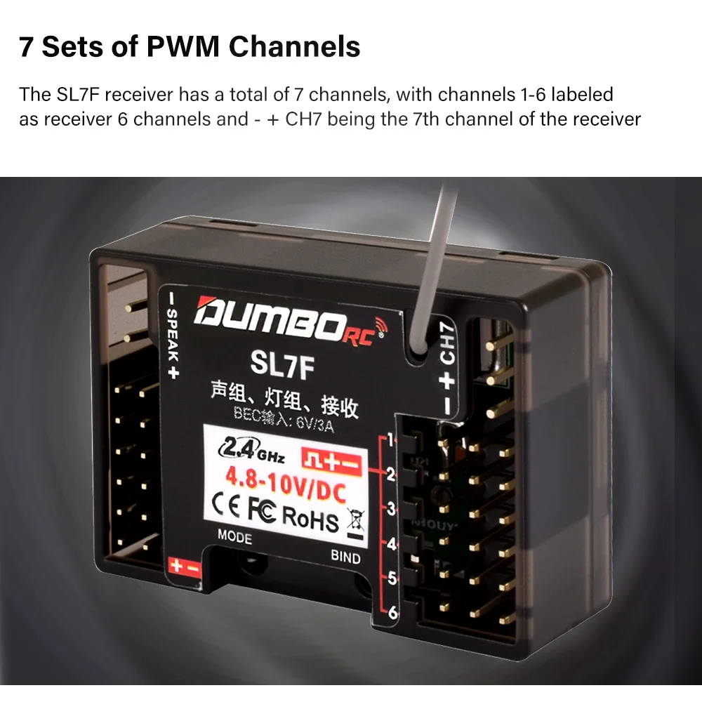 DumboRC 2,4GHz SL7F-ontvanger met Gyro BEC 6V/3A voor alle DumboRC-zenders