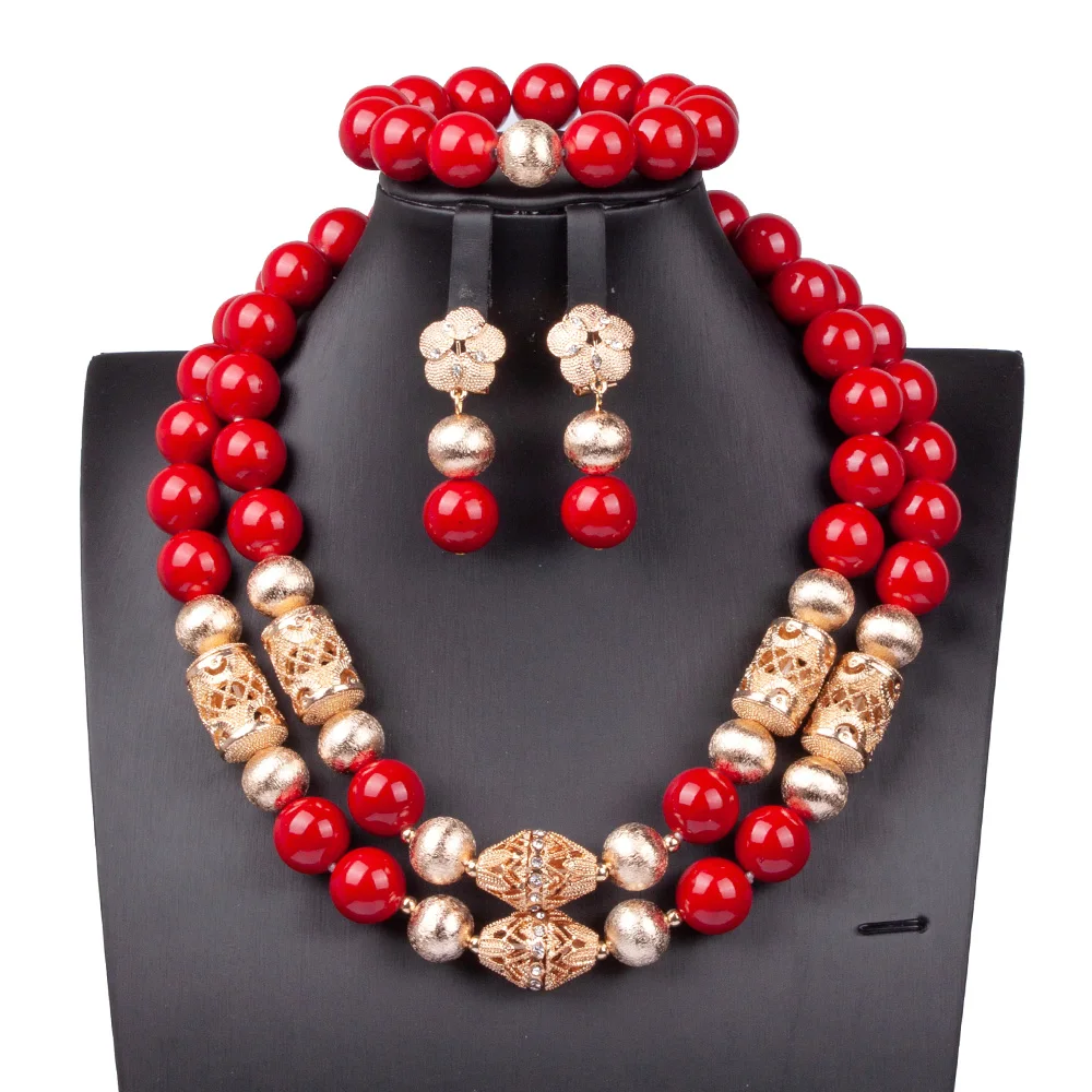 

New Luxury Shinny Gold African Beads Jewelry Set Double Layers Dubai Gold Acessories Bridal Jewelry Set for Wedding ABG138