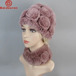 Conjunto de bufandas de piel de conejo Rex para mujer, conjunto de gorro de invierno, bufanda de pelo de conejo Rex Natural y cálido