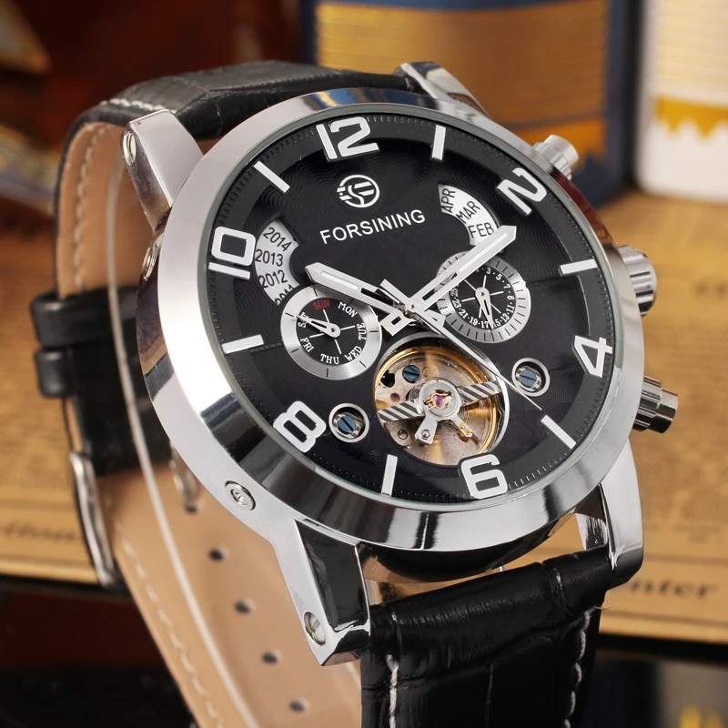 Forsining 165A Calendar Leather Men Mechanical Automatic Wrist Watches Military Sport Male Tourbillion Multi Function Clock