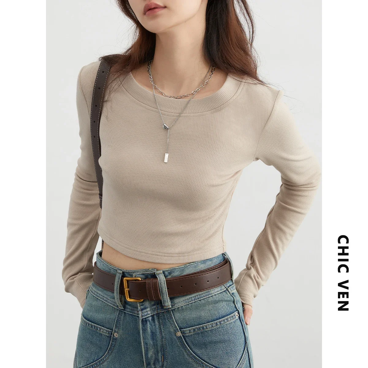 CHIC VEN Women\'s Tees Solid New O Neck Long Sleeve Slim Fit Woman Basic T-shirt with Plush Female Top Winter Autumn 2023