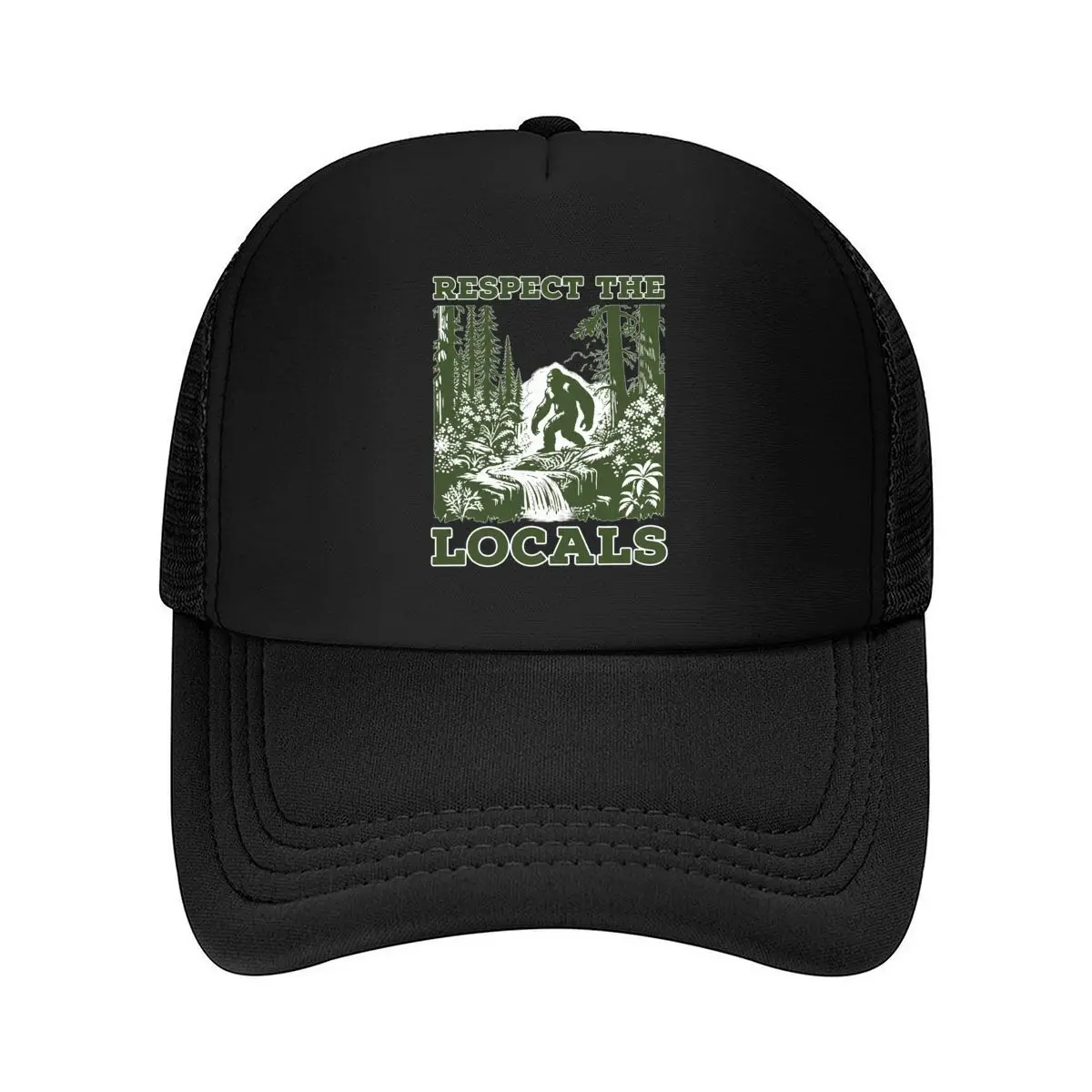 Respect The Locals Sasquatch Forest Waterfall Wildflower Design Mesh Baseball Cap Hip Hop