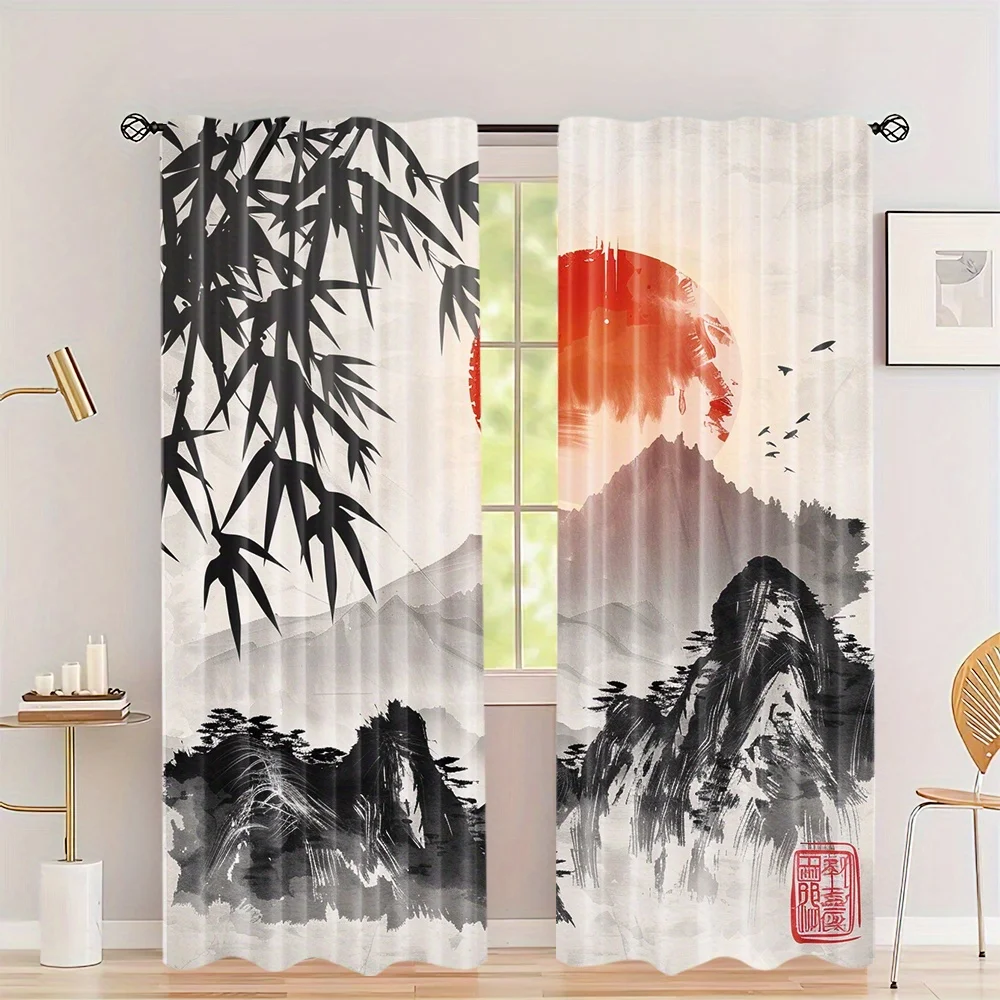 

2-Piece Set Plum Blossom Ink Painting Curtains Semi-Blackout Privacy Enhancing Rod Pocket Design For Bedroom Living Room Door