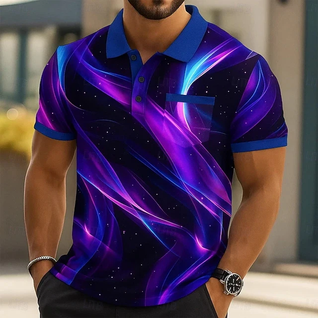 Multiple Color Options Men Aurora Light Swirl Full Printed Fake Pocket Polo Shirts Street Casual Social Gathering Outfit T Shirt