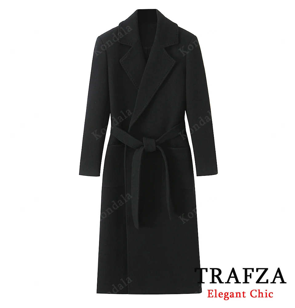 

KONDALA Elegant Lady Belted Long Coat Classic Black Lapel Slim Waist Coat 2025 Fall Winter Fashion British-Style Women Long Coat