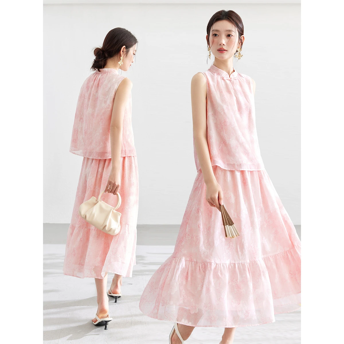 VIMLY Chinese Style Pink Textured Jacquard 2 Piece Set 2026 Stand Collar Frog Button Sleeveless Top Ruffle Hem Skirt Set A6925