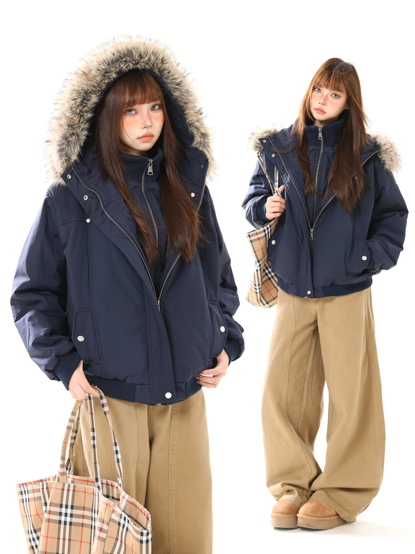 

Ретро-американская женская парка с меховым воротником, свободного кроя, зимняя хлопковая куртка с флисовой подкладкой, уличный стиль