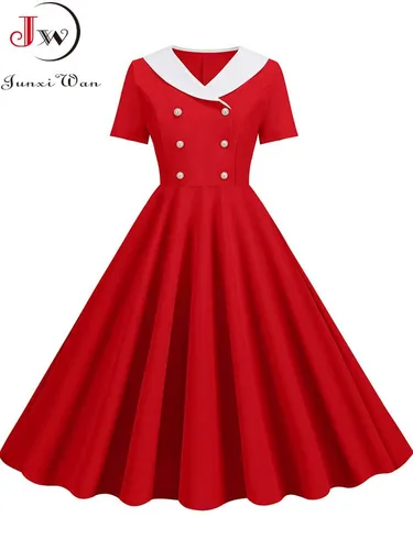 Imagen 2 del producto Vestido Midi de verano para mujer, vestido veraniego elegante rosa Vintage para fiesta, vestido informal de manga corta con cuello Peter pan