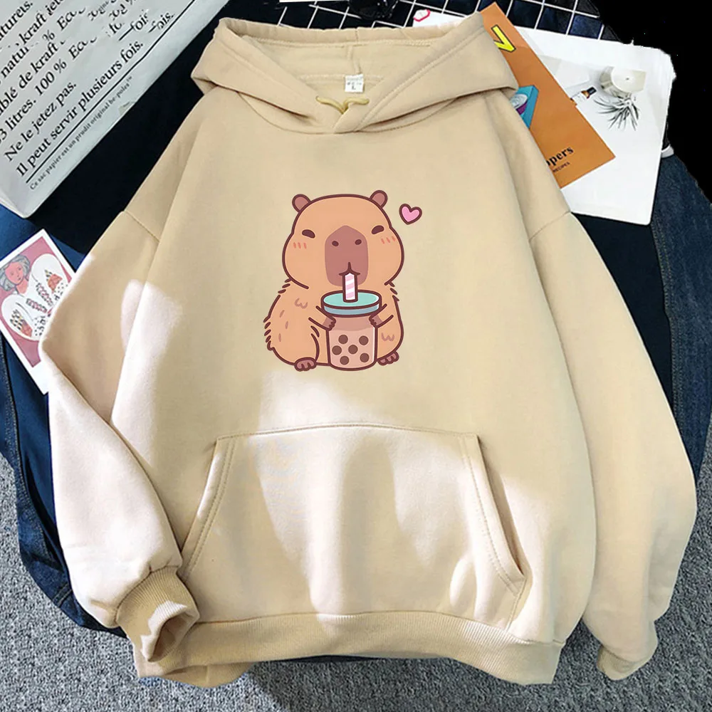 Capybara Loves Drinking Bubble Tea Hoodies Cartoon Women/Men Graphic Poster Sweatshirts Long Sleeve Winter Fleece Pullovers Cute