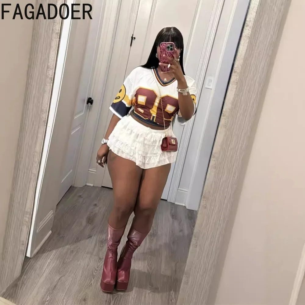 FAGADOER Y2K INS Fashion Tshirt Letter Print Basketaball Tops Women V-neck Loose Tops Jersey Casual Streetwear Hip-Hop Tees New