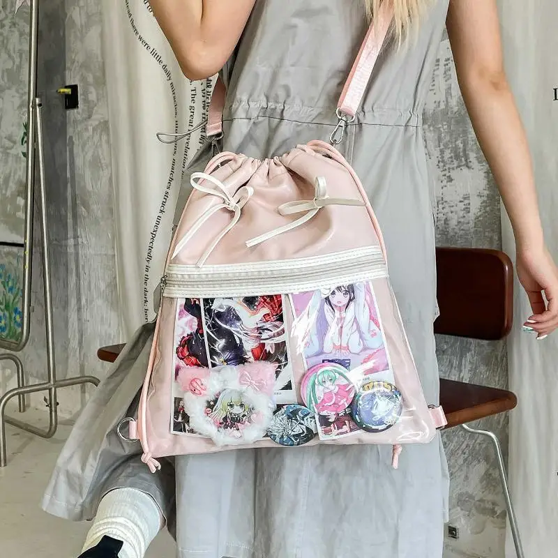 HAEX Y2K Women Ita Bags 2025 Clear Window DIY Anime Badge Card Backpacks Aesthetic Trend Designer PU Bow Crossbody Shoulder Bag