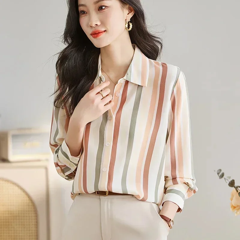 Striped Print Button Front Shirt Casual Long Sleeve Shirt for Spring & Fall Women\'s Clothing Women Tops Blouse Women Shirt