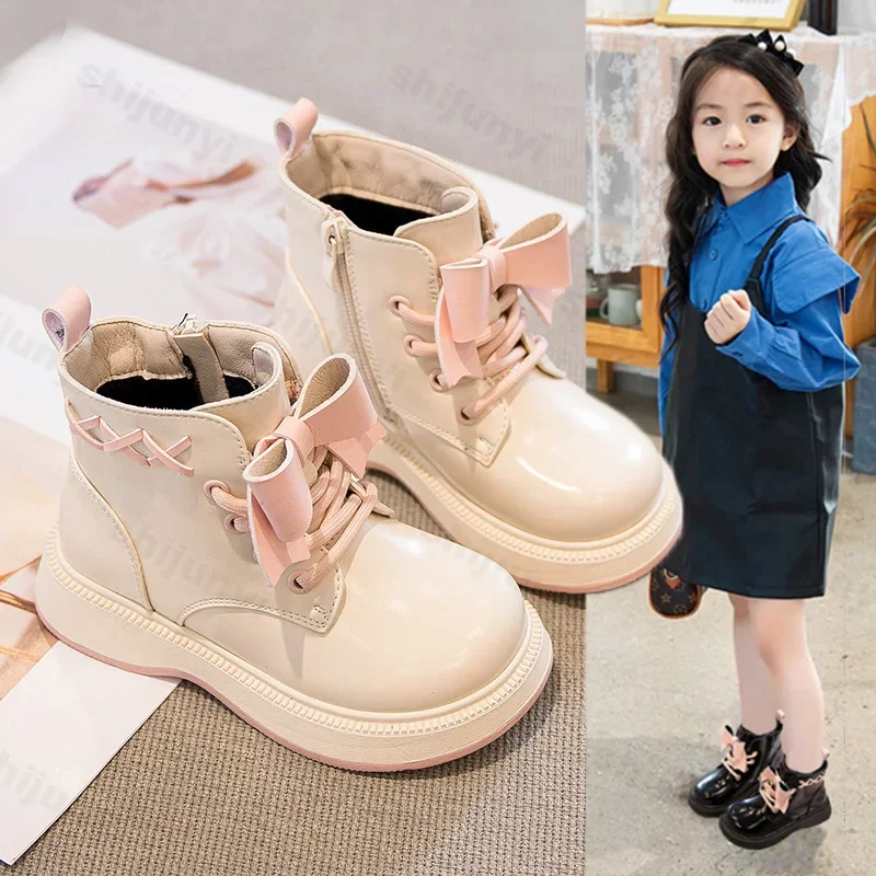 Children Winter Shoes Girls 2024 Fashion New Cute Big Bow Princess Ankle Boots Kids Thicken Warm Cotton Shoe Outdoor Short Boots