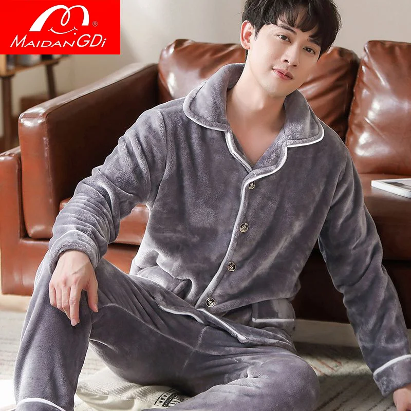 MAIDANGDI Men's autumn  winter pajamas middle-aged young coral fleece long sleeved thick flannel spring  autumn home suit set