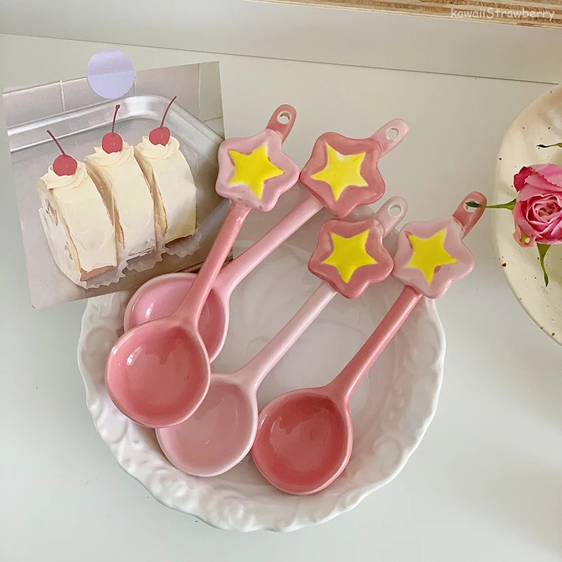 Kawaii Star Ceramic Spoon Cute Ice Cream Dessert Soup Korean Spoon With Long Handle Kitchen Tableware Accessories For Girl Kids