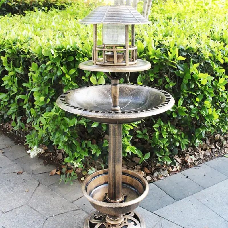 Outdoor Garden Antique Solar Bird Bath with LED Light Plastic Bird Feeder