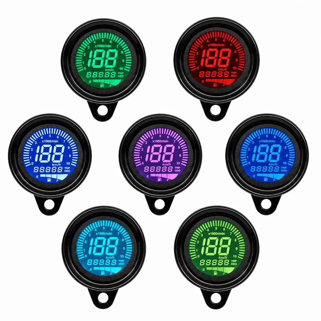 12V Retro Round Full LCD Motorcycle Speedometer Tachometer Fuel Gauge Odometer Multi-Function Digital Dashboard 7 Color Backligh