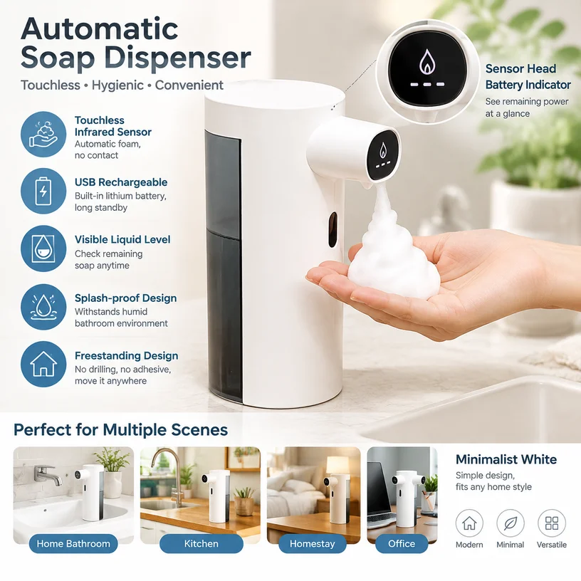 2026 New Upgrade Soap Dispenser, Design Anti Clog Rechargeable Countertop Automatic Soap Dispenser Touchless Hand Soap Dispenser
