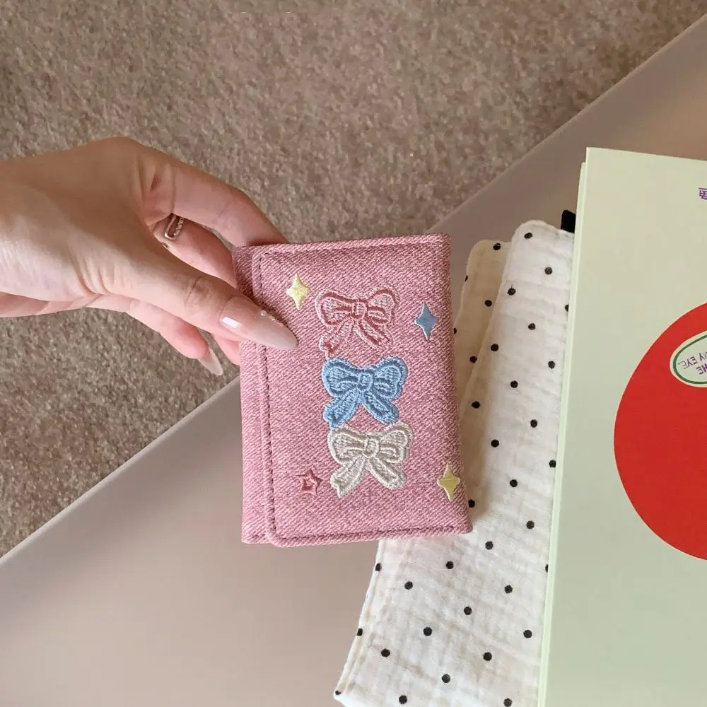 Versatile Portable Embroidered Bow Wallet Embroidery Cute Denim Coin Purse Fashion PU Leather Short Purse Shopping