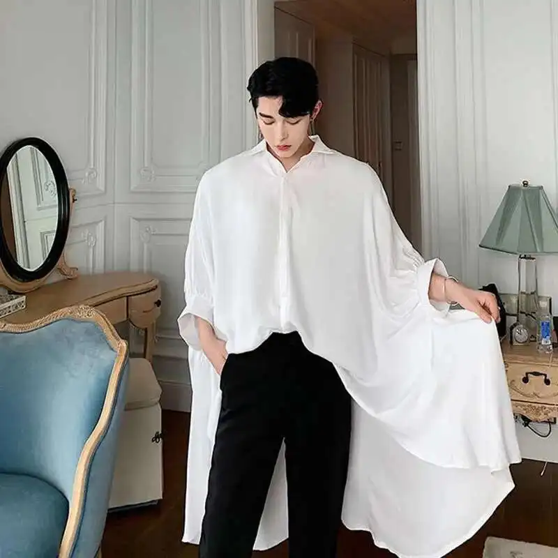 Oversize Black Loose Sleeve Hem Irregular Men Short Bat Big White Shirt Male Women Street Gothic Punk Stage Show Long Shirts