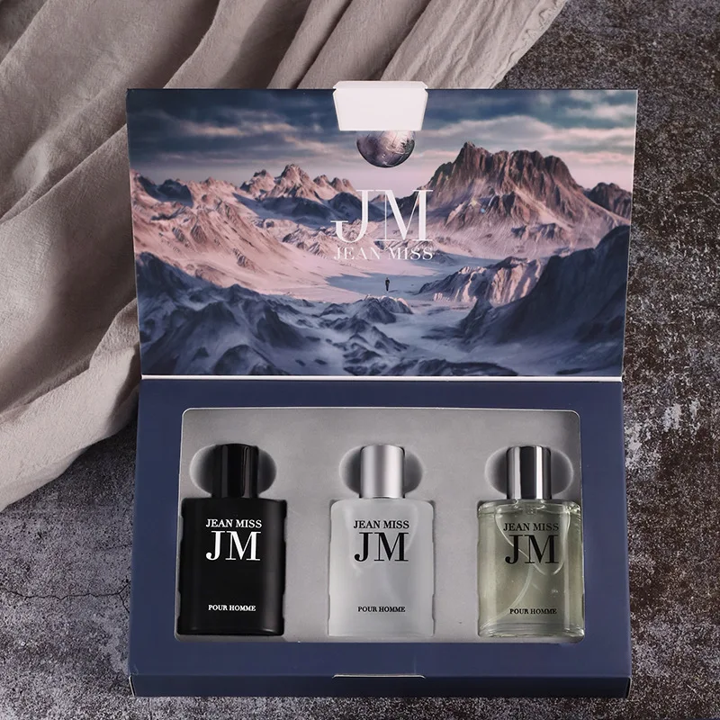 3 Pcs Men Eau de Toilette Cologne Gift Set, Embossed Square Bottle Woody Aquatic Masculine Fragrance Sampler Kit, Black Red Blue Multi Color Perfume Spray, Blue Scenery Flip Gift Box for Dating Travel, Gift for Husband Boyfriend