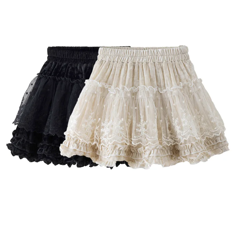 

Girls Layered Skirt 2026 Spring Autumn French Casual Velvet Tutu Dress Teen School High Waist A-Line Lace Short Skirt for Party