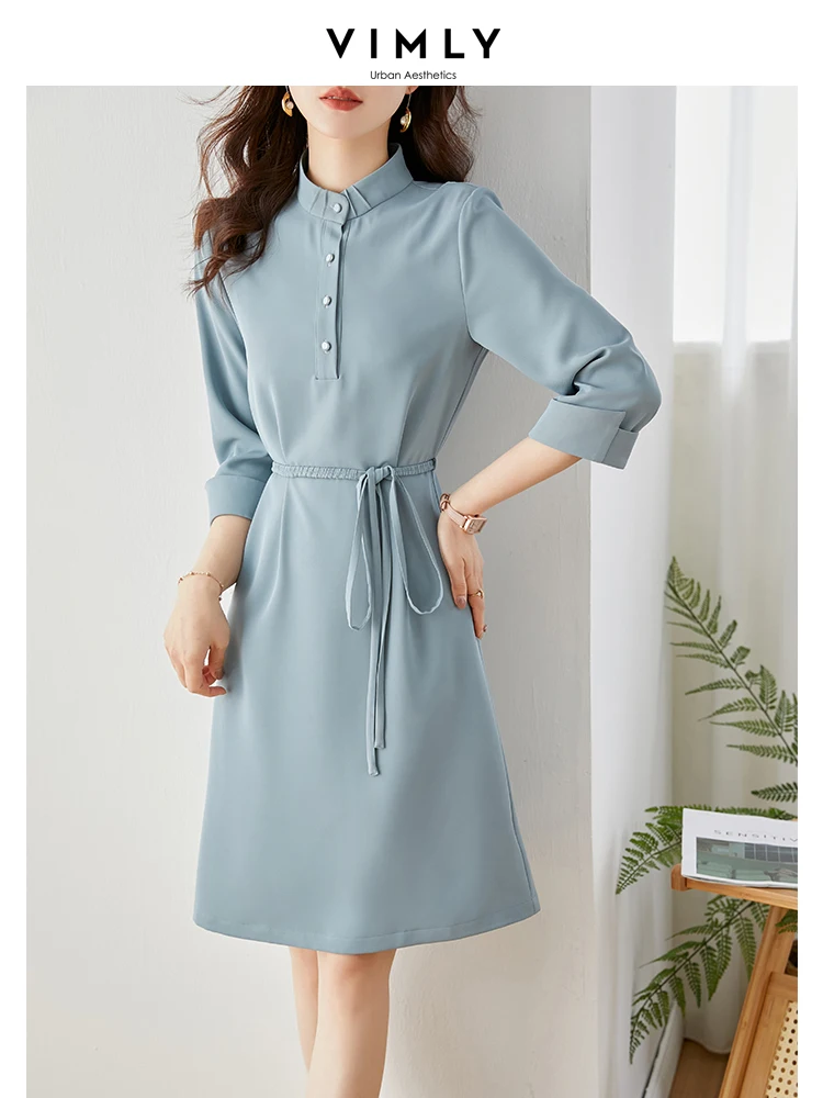 Vimly Elegant Solid Lace-up Slim Waist Dress Women 2023 Summer Straight Stand Collar Long Sleeve Office Ladies Vintage Dresses