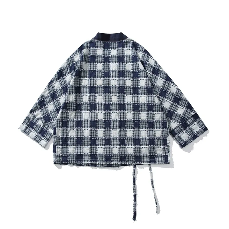 Men Japanese Streetwear Vintage Fashion Loose Casual Lightweight Pure Cotton Plaid Kimono Cardigan Shirt Coat Man Blouses