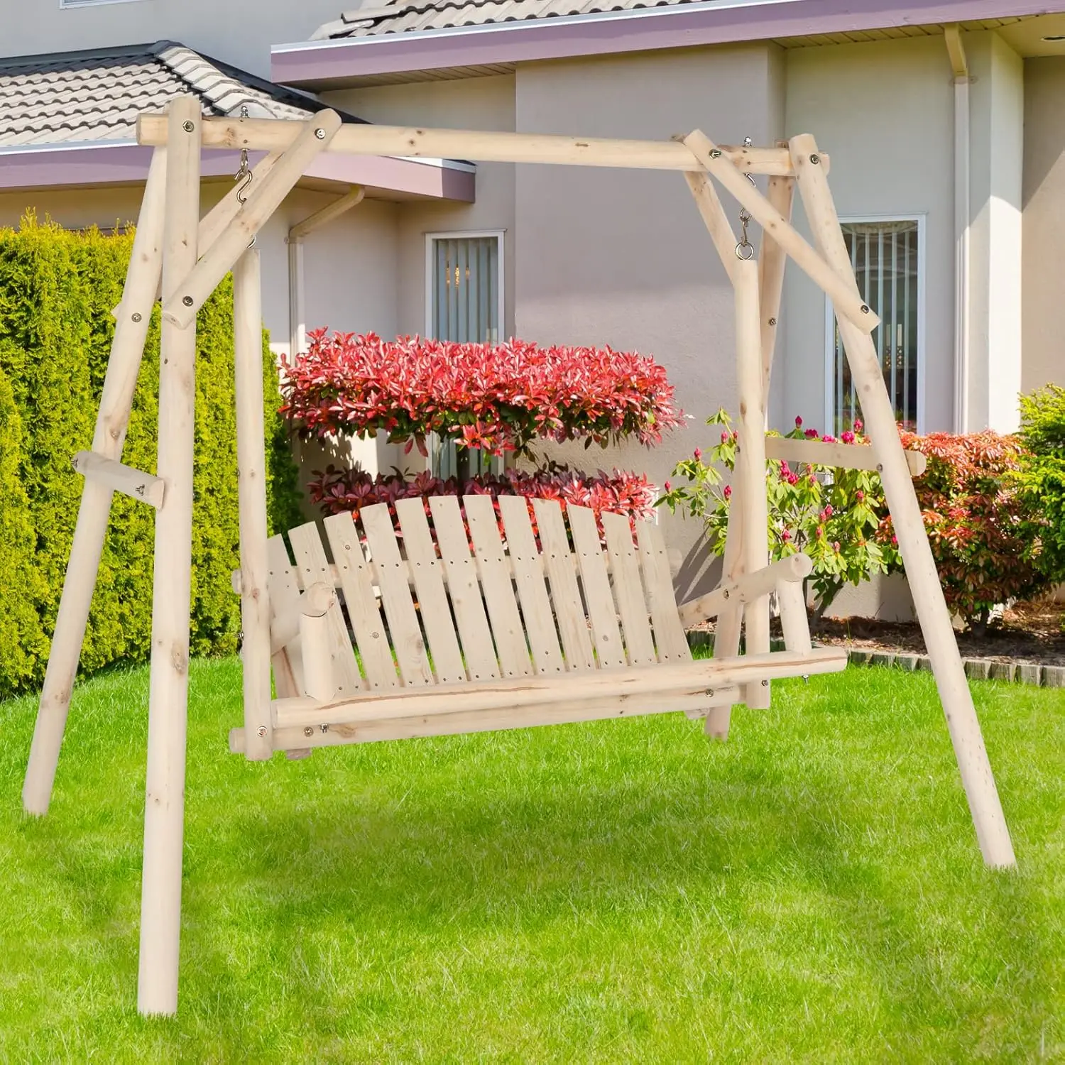 VINGLI Heavy Duty 880 LBS Wooden Patio Porch Swing A-Frame Stand Hanging Swing Bench Chair Frame for Outside Yard Garden Natural