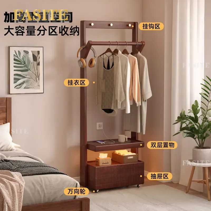 For Solid Wood Coat Rack Bedside Table Hanger Integrated Movable Floor Standing Clothes Rack for Bedroom Home Storage