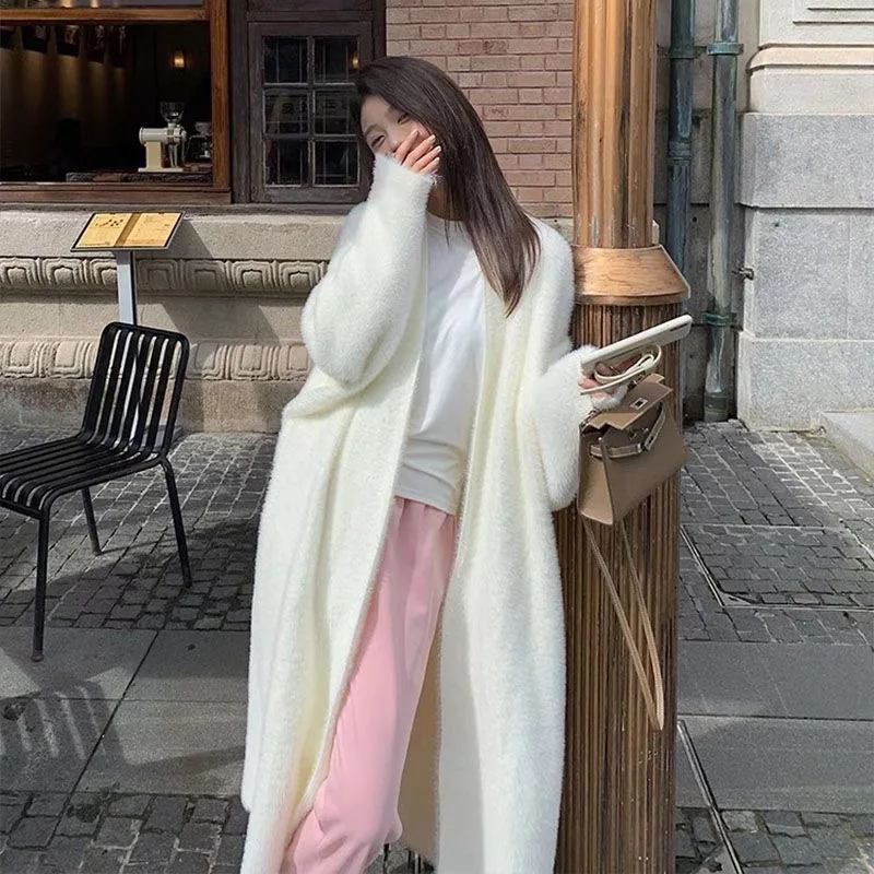 Long Fluffy Cardigan Women Autumn Winter Coat Sweater Korean Style Warm Knitwear Fashion Women\'s clothing White Pink Black Blue