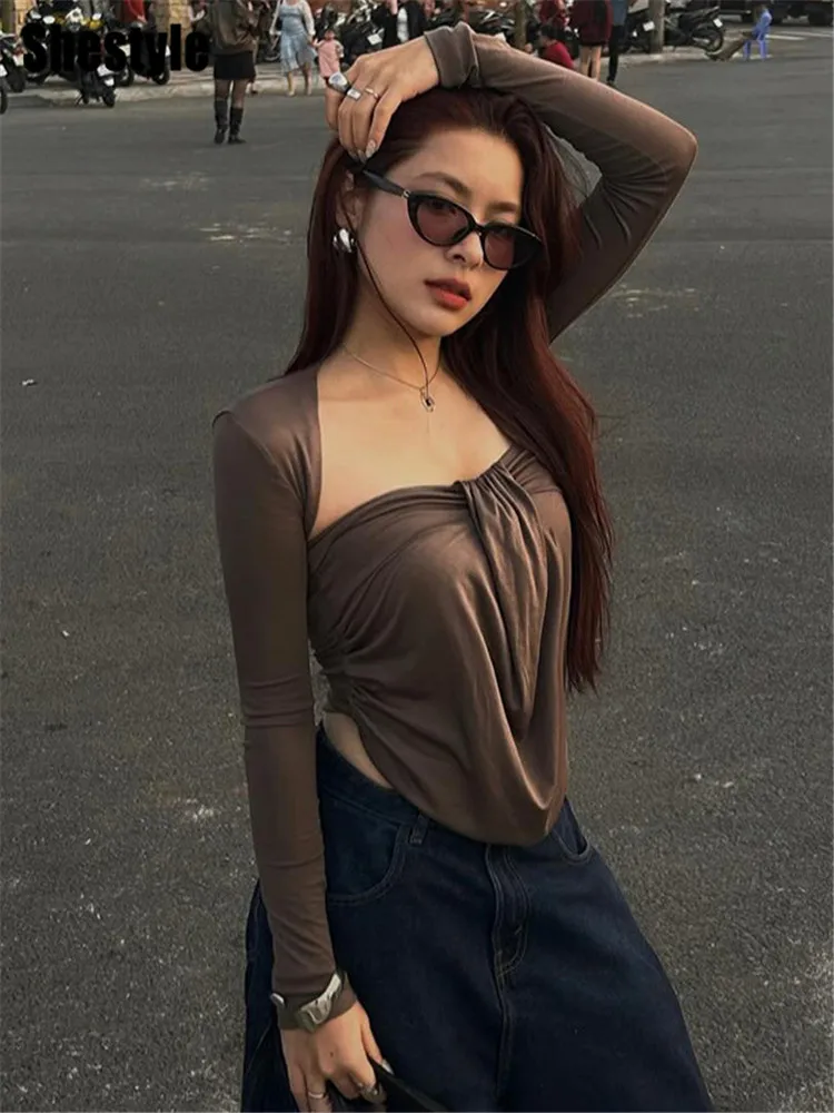 Shestyle Women Camis and Cape T-Shirt Autumn 2Piece Sets Brown Casual 2026 Design Commuting Basic Retro Vintage Soft Fashion