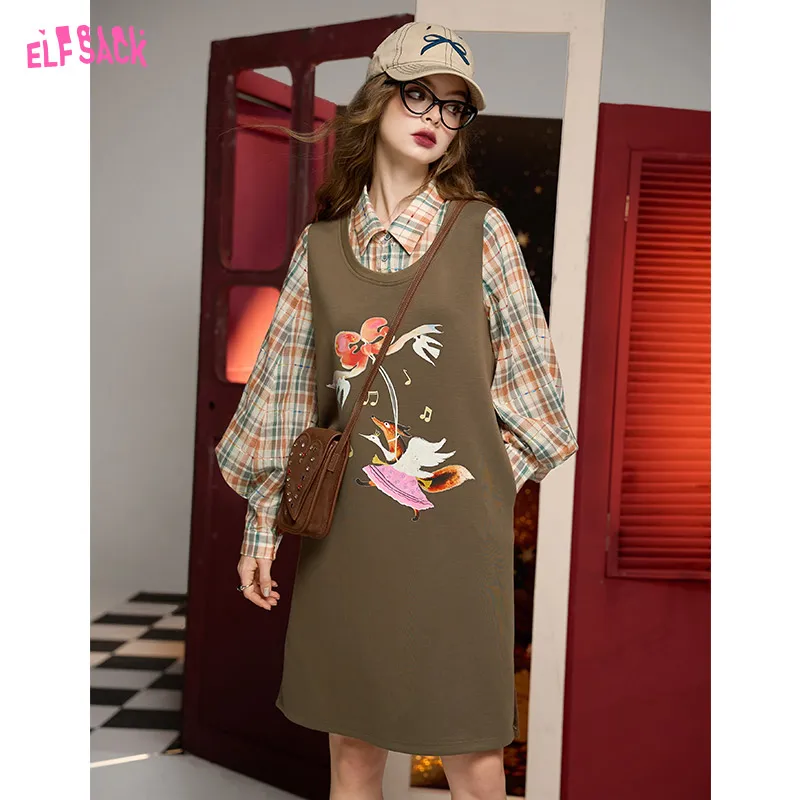 ELFSACK 2024 Autumn New Arrive Brown fake two-piece plaid patchwork print loose slim straight dress for women