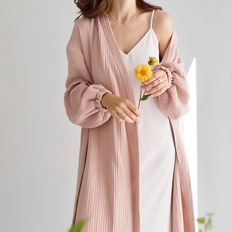 Spring New American Pajamas Double-layer Wrinkled Yarn Comfortable Skin-friendly Bathrobes Casual Long Pajamas Loungewear Women'