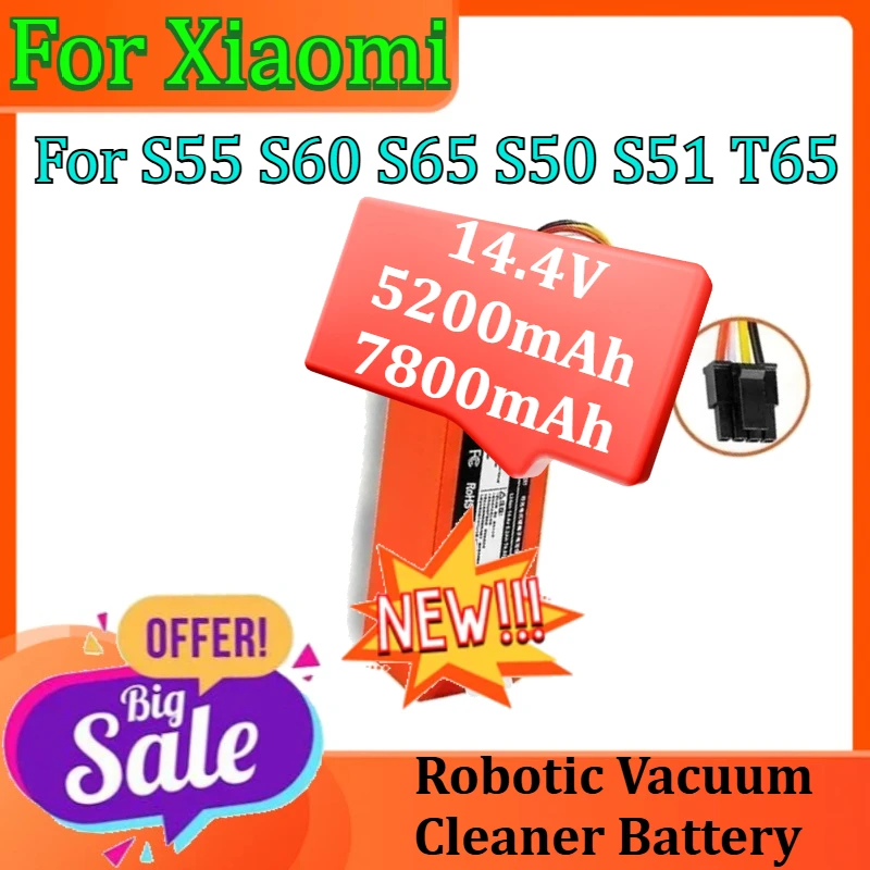 

Robotic Vacuum Cleaner Battery For Xiaomi S55 S60 S65 S50 S51 T65 Rechargeable Lithium-ion Battery 14.4V 5200mAh 7800mAh